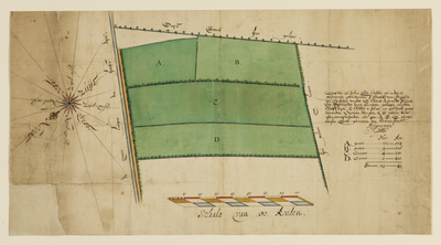216103 Kaart van vier percelen bouwland, gelegen ten zuidwesten van de Hoofddijk te Utrecht.Met schaalstok en windroos.